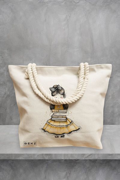 BEKZ Geanta de plaja, model The bookie girl 8, 40x51 cm, Crem, BEKZ®