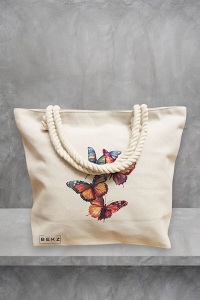 BEKZ Geanta de plaja, model Artistic butterflies, 40x51 cm, Crem, BEKZ®