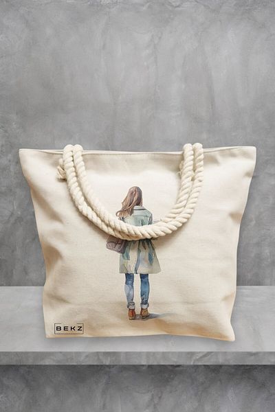 BEKZ Geanta de plaja, model The bookie girl 24, 40x51 cm, Crem, BEKZ®