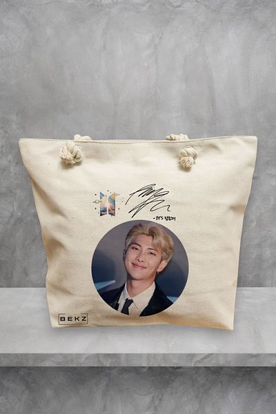 BEKZ Geanta de plaja, model BTS RM cu semnatura, 40x51 cm, Crem, BEKZ®