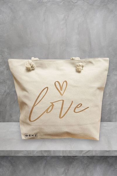 BEKZ Geanta de plaja, model Love, 40x51 cm, Crem, BEKZ®