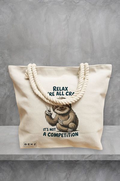 BEKZ Geanta de plaja, model Relax We’re all crazy It’s not a competition, 40x51 cm, Crem, BEKZ®