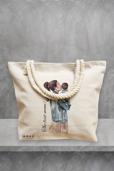 BEKZ Geanta de plaja, model The best mom, 40x51 cm, Crem, BEKZ®
