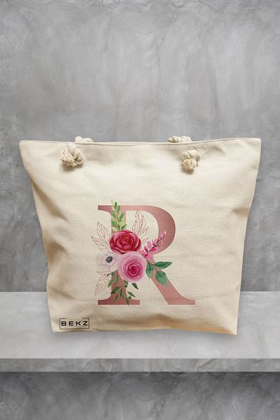 BEKZ Geanta de plaja, Cu litera R Rose Gold si Trandafiri, 40x51 cm, Crem, BEKZ®