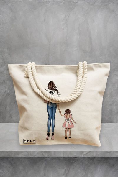 BEKZ Geanta de plaja, model Mom of Girls, 40x51 cm, Crem, BEKZ®