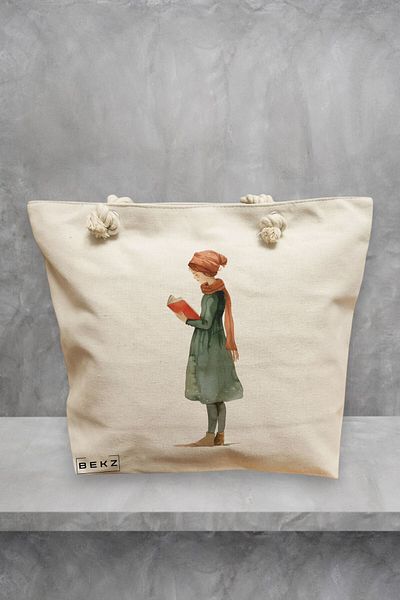 BEKZ Geanta de plaja, model The bookie girl 27, 40x51 cm, Crem, BEKZ®
