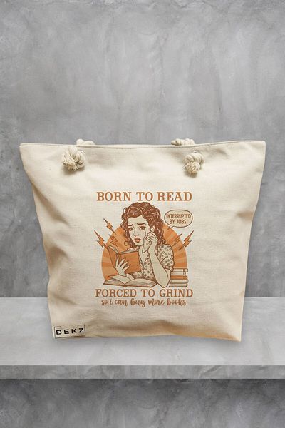 BEKZ Geanta de plaja, model Born to read Forced to grind, 40x51 cm, Crem, BEKZ®