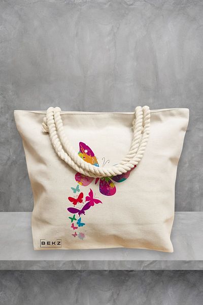 BEKZ Geanta de plaja, model Watercolor Butterfly, 40x51 cm, Crem, BEKZ®