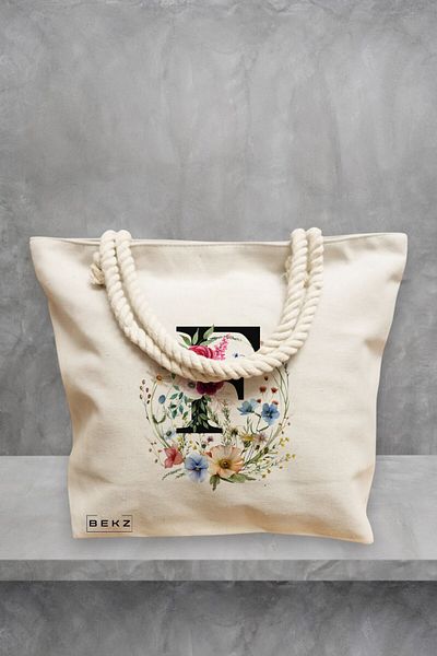 BEKZ Geanta de plaja, Cu litera F in Coronita Florala, 40x51 cm, Crem, BEKZ®