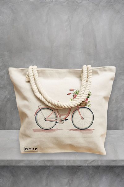 BEKZ Geanta de plaja, model Pink Bicycle, 40x51 cm, Crem, BEKZ®