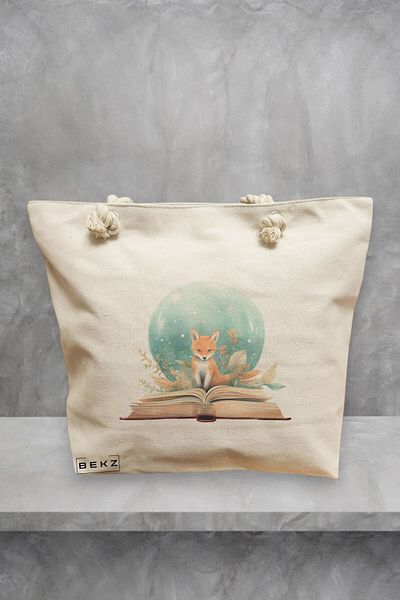 BEKZ Geanta de plaja, model Foxy and books, 40x51 cm, Crem, BEKZ®