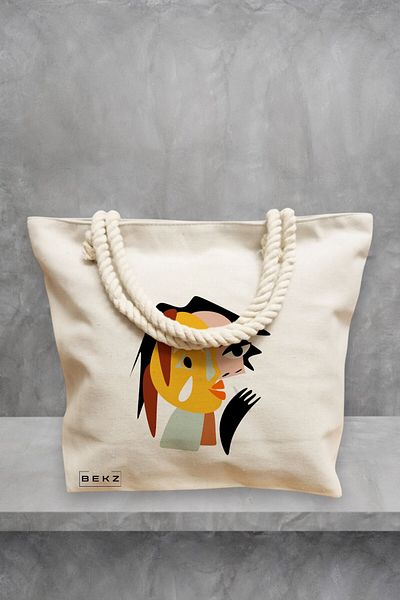 BEKZ Geanta de plaja, model Abstract face 2, 40x51 cm, Crem, BEKZ®