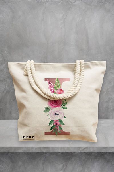 BEKZ Geanta de plaja, Cu litera I Rose Gold si Trandafiri, 40x51 cm, Crem, BEKZ®