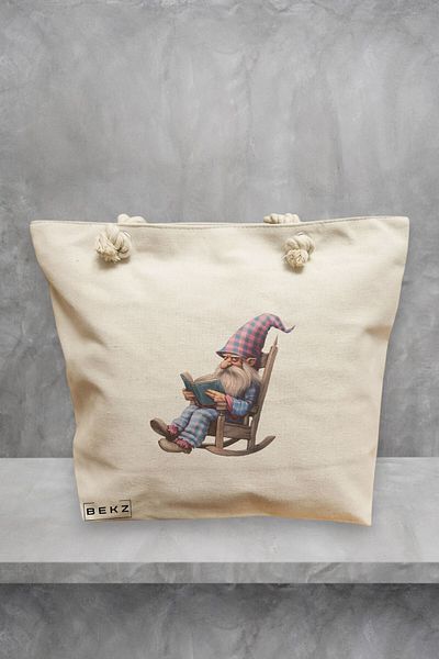 BEKZ Geanta de plaja, model The Bookish Gnome, 40x51 cm, Crem, BEKZ®