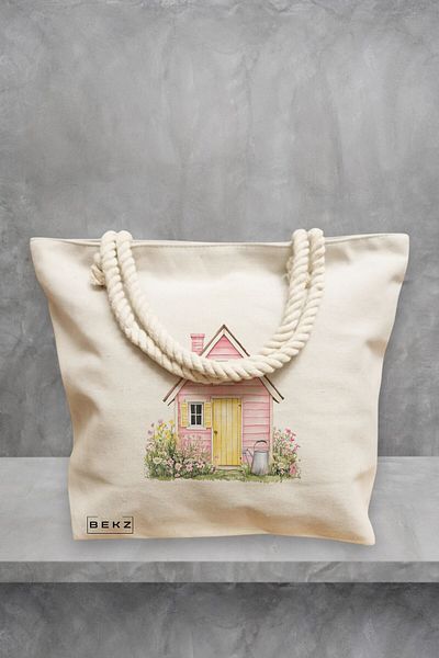 BEKZ Geanta de plaja, model The pink house, 40x51 cm, Crem, BEKZ®