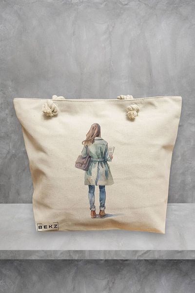 BEKZ Geanta de plaja, model The bookie girl 24, 40x51 cm, Crem, BEKZ®