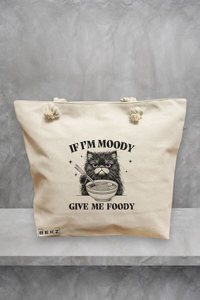BEKZ Geanta de plaja, model If I’m mood give me foody, 40x51 cm, Crem, BEKZ®