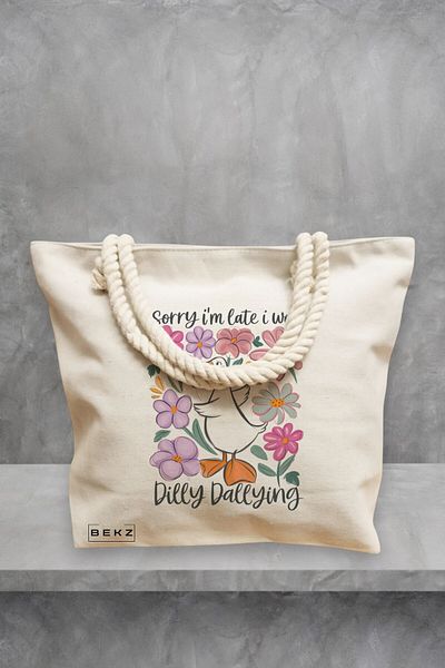 BEKZ Geanta de plaja, model Sorry I’m late I was dilly dallying, 40x51 cm, Crem, BEKZ®
