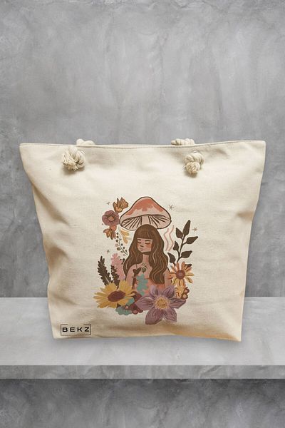 BEKZ Geanta de plaja Colorful Mushrooms 3, 40x51 cm, Crem, BEKZ®