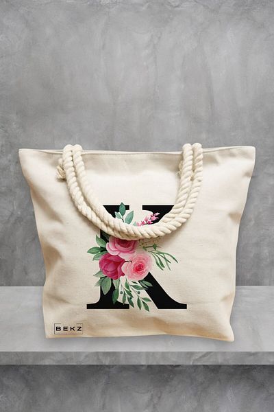 BEKZ Geanta de plaja, Cu litera K si Trandafiri, 40x51 cm, Crem, BEKZ®