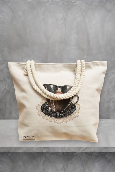 BEKZ Beach Tote Bag, Stylish Coffee 2 model, 40x51 cm, Cream, BEKZ®