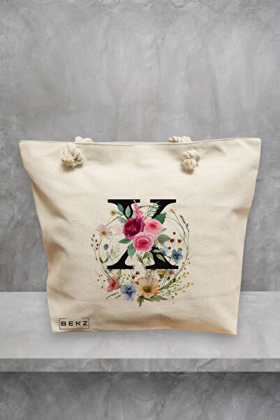 BEKZ Geanta de plaja, Cu litera X in Coronita Florala, 40x51 cm, Crem, BEKZ®
