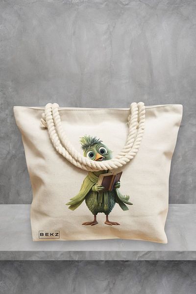 BEKZ Geanta de plaja, model Reading Birdie 1, 40x51 cm, Crem, BEKZ®