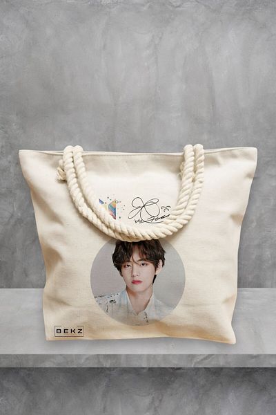 BEKZ Geanta de plaja, model BTS V cu semnatura, 40x51 cm, Crem, BEKZ®