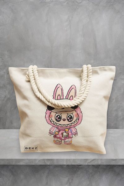 BEKZ Geanta de plaja, model Labubu 12, 40x51 cm, Crem, BEKZ®