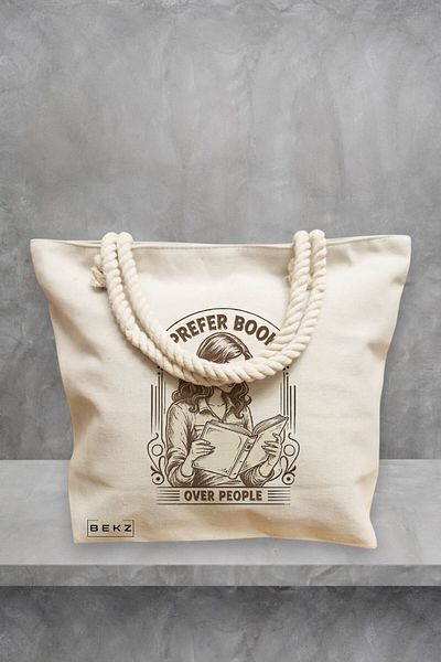 BEKZ Geanta de plaja, model I prefer book’s over people, 40x51 cm, Crem, BEKZ®