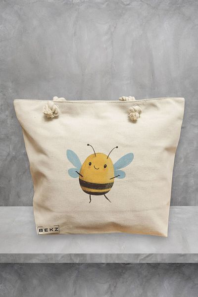 BEKZ Geanta de plaja, model The happy bee, 40x51 cm, Crem, BEKZ®