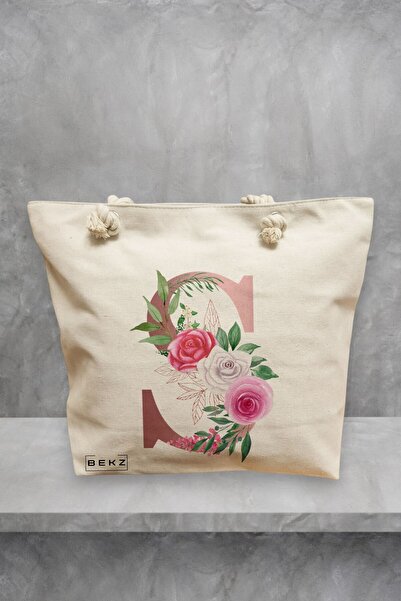 BEKZ Geanta de plaja, Cu litera S Rose Gold si Trandafiri, 40x51 cm, Crem, BEKZ®