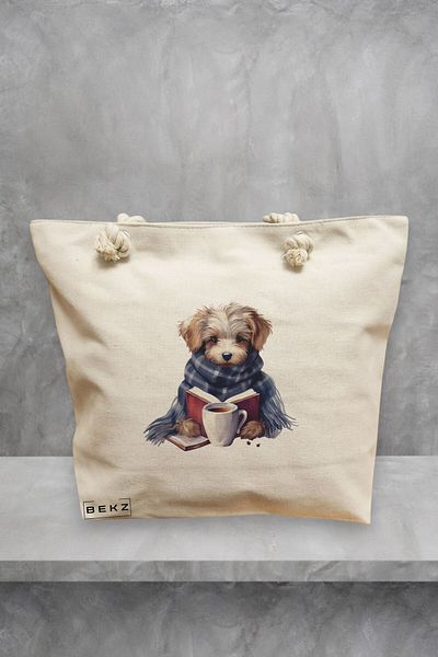 BEKZ Geanta de plaja, model Reading puppy 19, 40x51 cm, Crem, BEKZ®