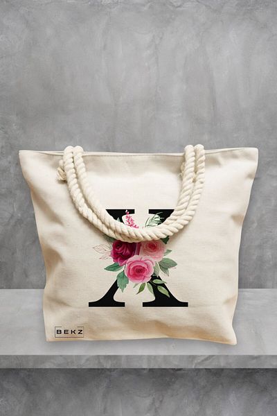 BEKZ Geanta de plaja, Cu litera X si Trandafiri, 40x51 cm, Crem, BEKZ®