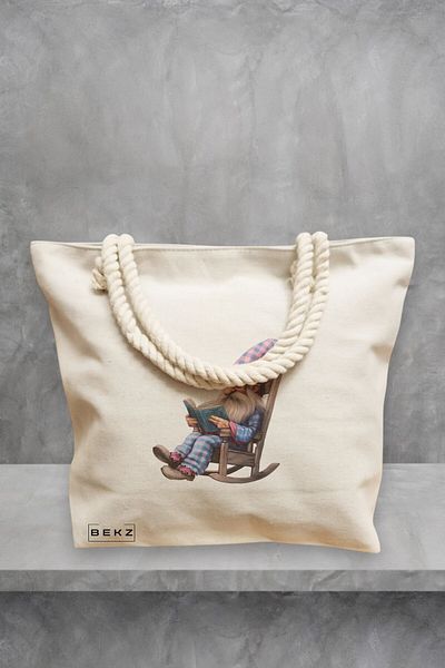 BEKZ Geanta de plaja, model The Bookish Gnome, 40x51 cm, Crem, BEKZ®