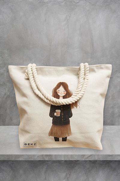 BEKZ Geanta de plaja, model The coffee girl 2, 40x51 cm, Crem, BEKZ®