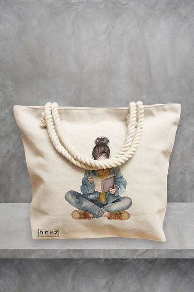 BEKZ Geanta de plaja, model The bookie girl 34, 40x51 cm, Crem, BEKZ®