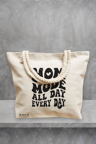 BEKZ Geanta de plaja, model Mom mode all day every day, 40x51 cm, Crem, BEKZ®