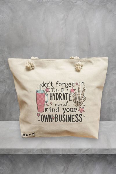 BEKZ Geanta de plaja, model Don’t forget to hydrate and mind your own business, 40x51 cm, Crem, BEKZ®
