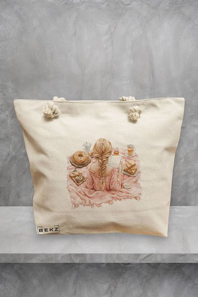 BEKZ Geanta de plaja, model The bookie girl 12, 40x51 cm, Crem, BEKZ®