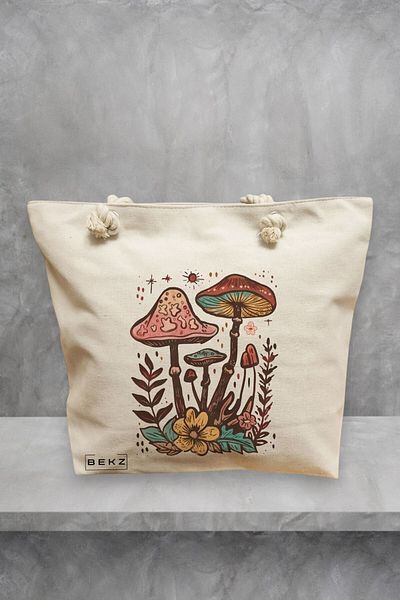 BEKZ Geanta de plaja Colorful Mushrooms 4, 40x51 cm, Crem, BEKZ®