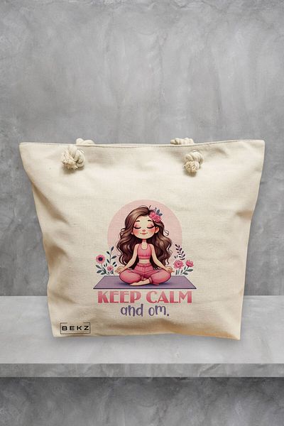 BEKZ Geanta de plaja Yoga Keep calm and Om, 40x51 cm, Crem, BEKZ®