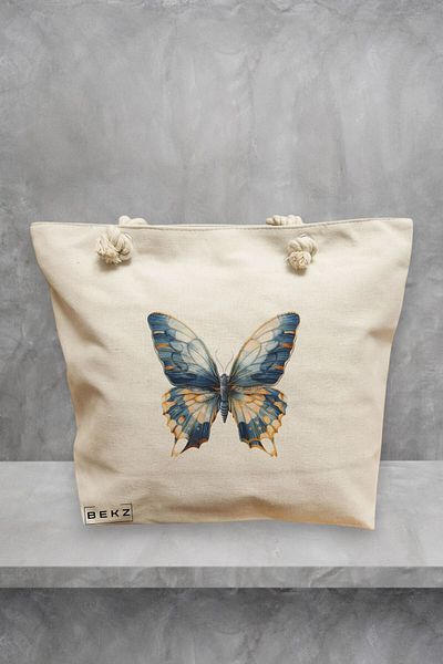 BEKZ Geanta de plaja, model Artistic butterflies 4, 40x51 cm, Crem, BEKZ®