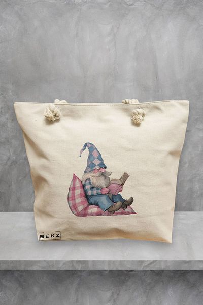 BEKZ Geanta de plaja, model The Bookish Gnome 4, 40x51 cm, Crem, BEKZ®