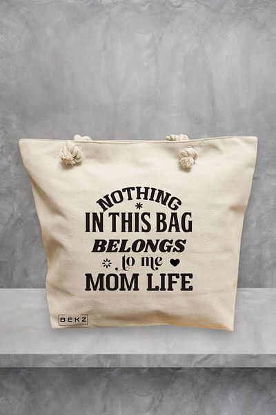 BEKZ Geanta de plaja, model Nothing in this bag belongs to me Mom Life, 40x51 cm, Crem, BEKZ®