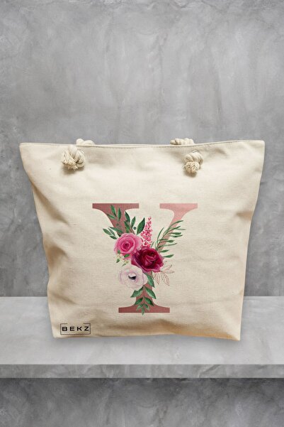 BEKZ Τσάντα Θαλάσσης, με το γράμμα Y σε ροζ χρυσό και τριαντάφυλλα, 40x51 εκ....