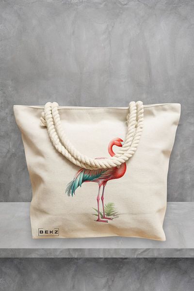 BEKZ Geanta de plaja, model Flamingo 2, 40x51 cm, Crem, BEKZ®