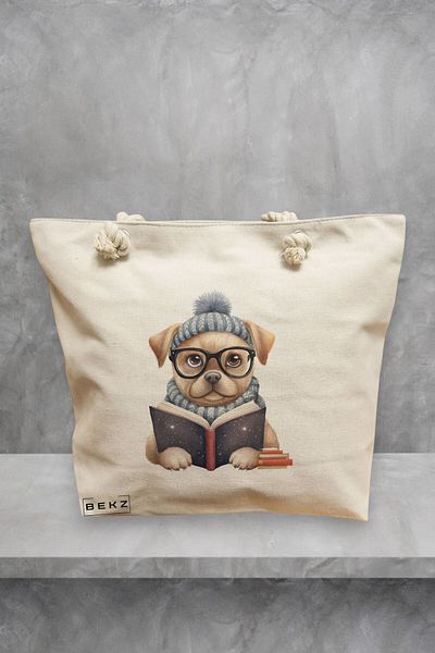BEKZ Geanta de plaja, model Reading puppy 2, 40x51 cm, Crem, BEKZ®