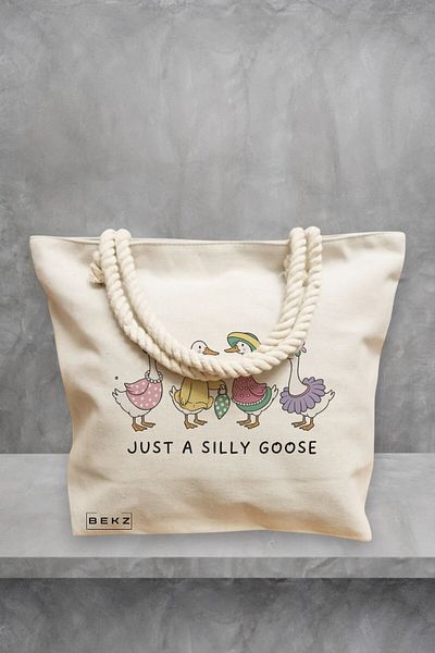 BEKZ Geanta de plaja, model Just a silly goose 1, 40x51 cm, Crem, BEKZ®