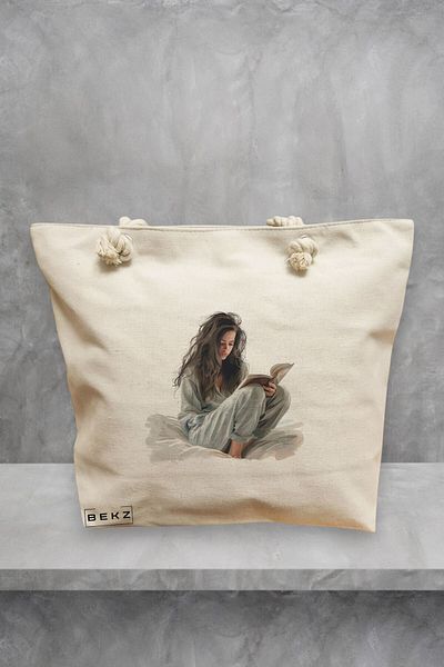BEKZ Geanta de plaja, model The bookie girl 14, 40x51 cm, Crem, BEKZ®